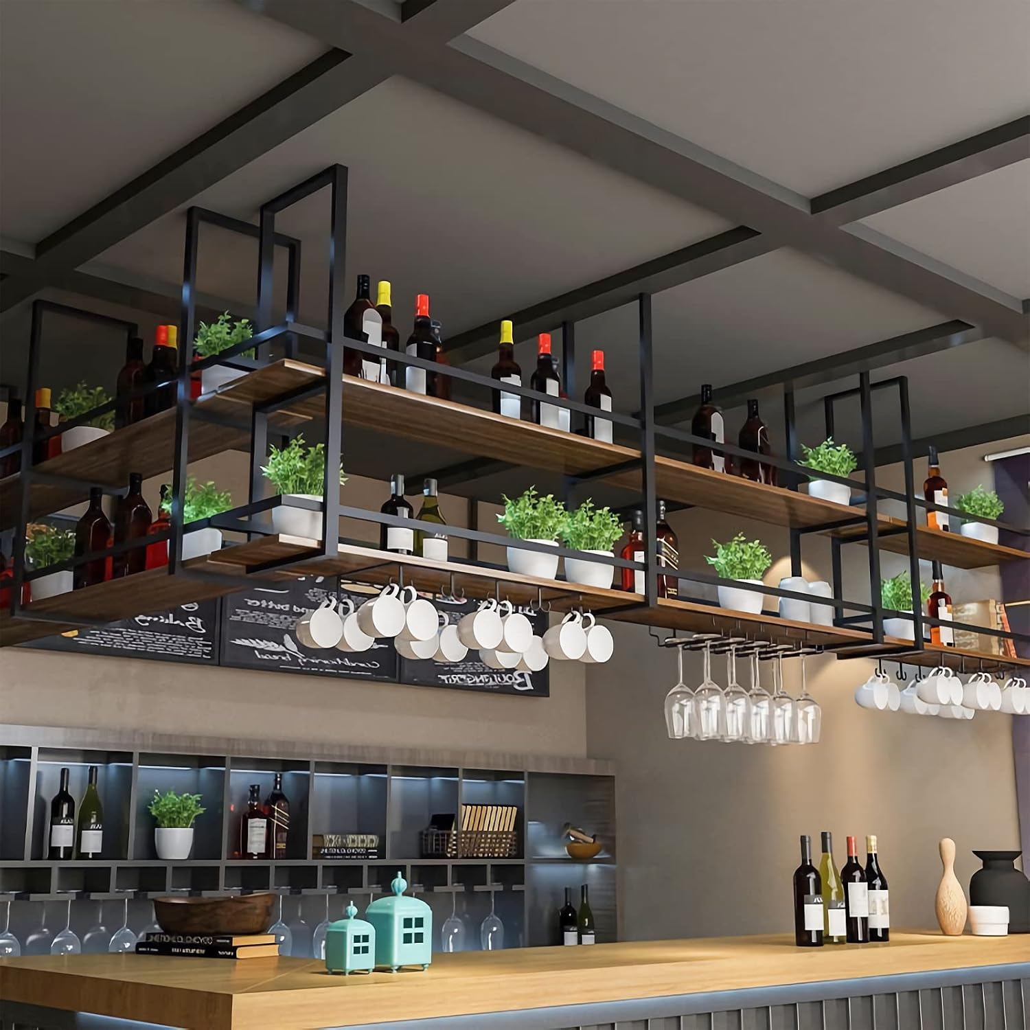 Ceiling Wine Glass Rack - 63in Hanging Wine Rack with Glass Holder and Shelf, 2 Layer Industrial Hanging Wine Bottle Holder, Black Metal Ceiling Shelf for Bar Cafe Kitchen (63×11.8×31.4in, Black)