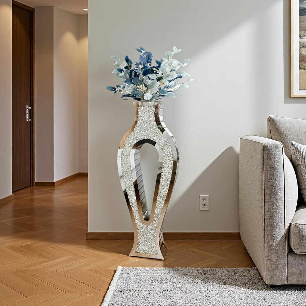 30'' Large Double Sided Crushed Diamond Vase, Tall Mirrored Sliver Vases for Floor,Decorative Vase with High-end Hollow Out Design for Home,Office,Hotel (11.8' L x 5.37' W x 30' H)