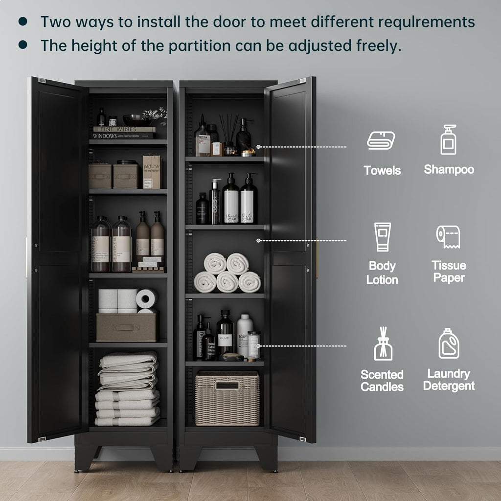 Washsemba 67''Farmhouse Metal Storage Cabinet with Barn Doors,Steel File Cabinet for Home Office,Kitchen Pantry 4 Adjustable Shelves,Freestanding Cupboard for Kitchen,HomeOffice (Black)