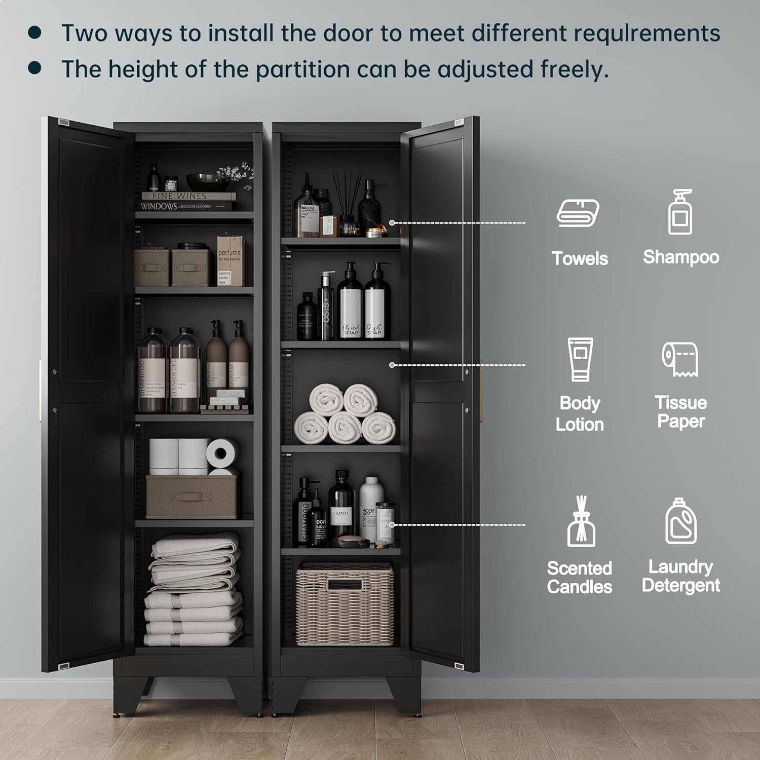 Washsemba 67''Farmhouse Metal Storage Cabinet with Barn Doors,Steel File Cabinet for Home Office,Kitchen Pantry 4 Adjustable Shelves,Freestanding Cupboard for Kitchen,HomeOffice (Black)