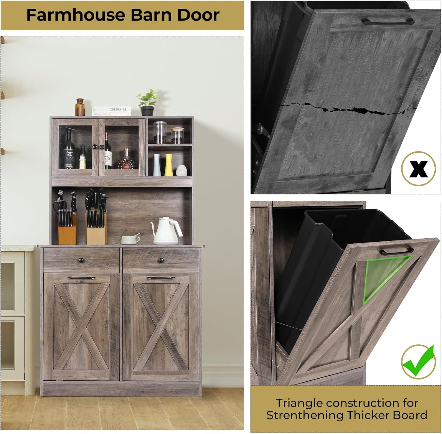Arlopu Dual Tilt Out Trash&Storage Cabinet, Kitchen Sideboard Cupboard W/Pet Proof 10X2 Gal Hidden Garbage Holder, Freestand Laundry Sort Cabinet, W/Drawer, Shelves,Barn Door (Oak Grey)