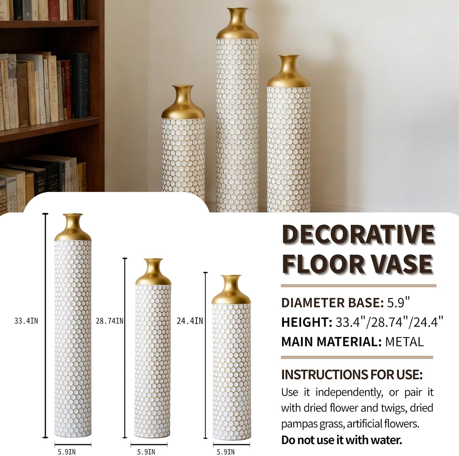 Modern White Droplet Floor Vase Set of 3 - Large Glazed Metal Floor Vases for Home Decor, Living Room & Entryway Decorations (White - 33.4'/ 28.7'/ 24.4' Height)