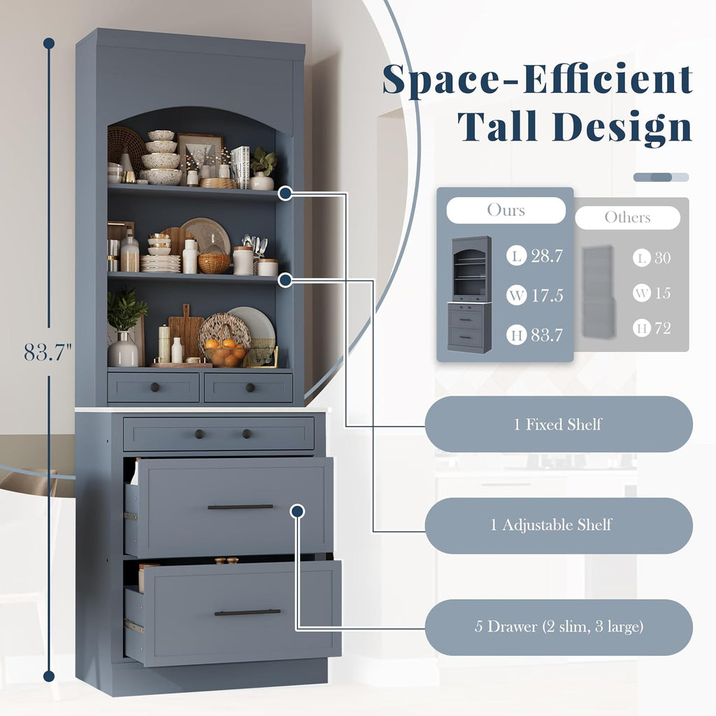 84' Freestanding Storage Cabinet with 5 Drawers, Kitchen Storage Bakers Rack with Faux Marble Top, Utility Food Cupboard with Adjustable Shelf for Kitchen Dining Room, Gray