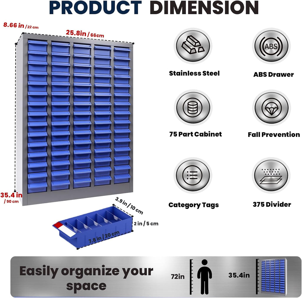 75 Drawers Nut and Bolt Organizer, 26x9x35.4 Stainless Steel Parts Cabinet with Shelfs & Labels Bolt Organizer for Workshop Tool & Hardware Storage and Organization (75 Drawers)