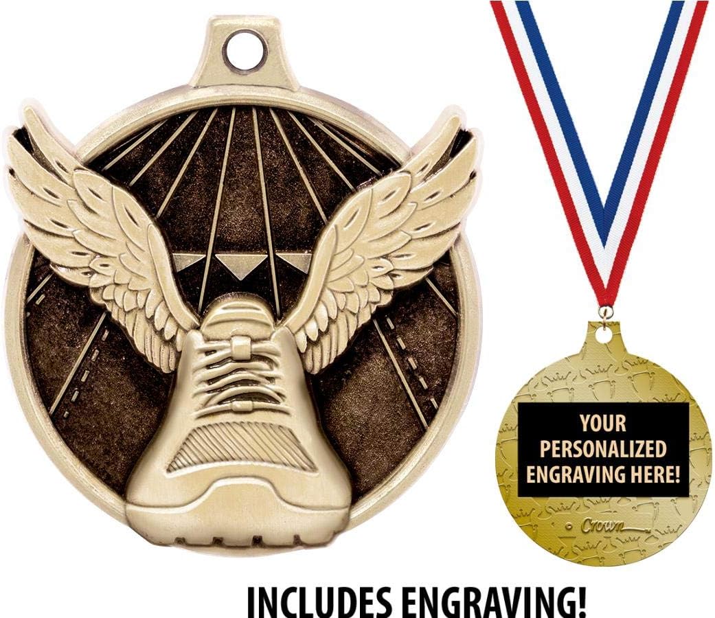 Running Medals - 1 1/2' Gold Winged Foot Medals, Great Kids Racing Awards with Custom Engraving Prime