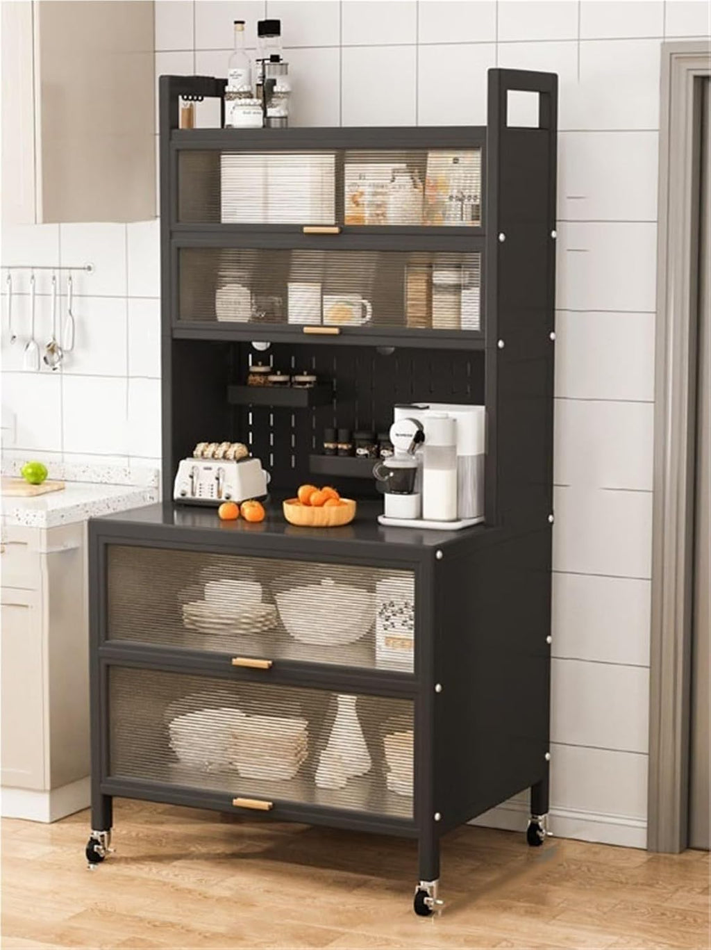 Kitchen Pantry Storage Cabinet Shelf Microwave 6-Tier Stand with Storage with Flip Door and Wheels Metal Sideboard Baker's Rack Coffee Pub for Spices Pots Pans ﻿(Black,60cm)