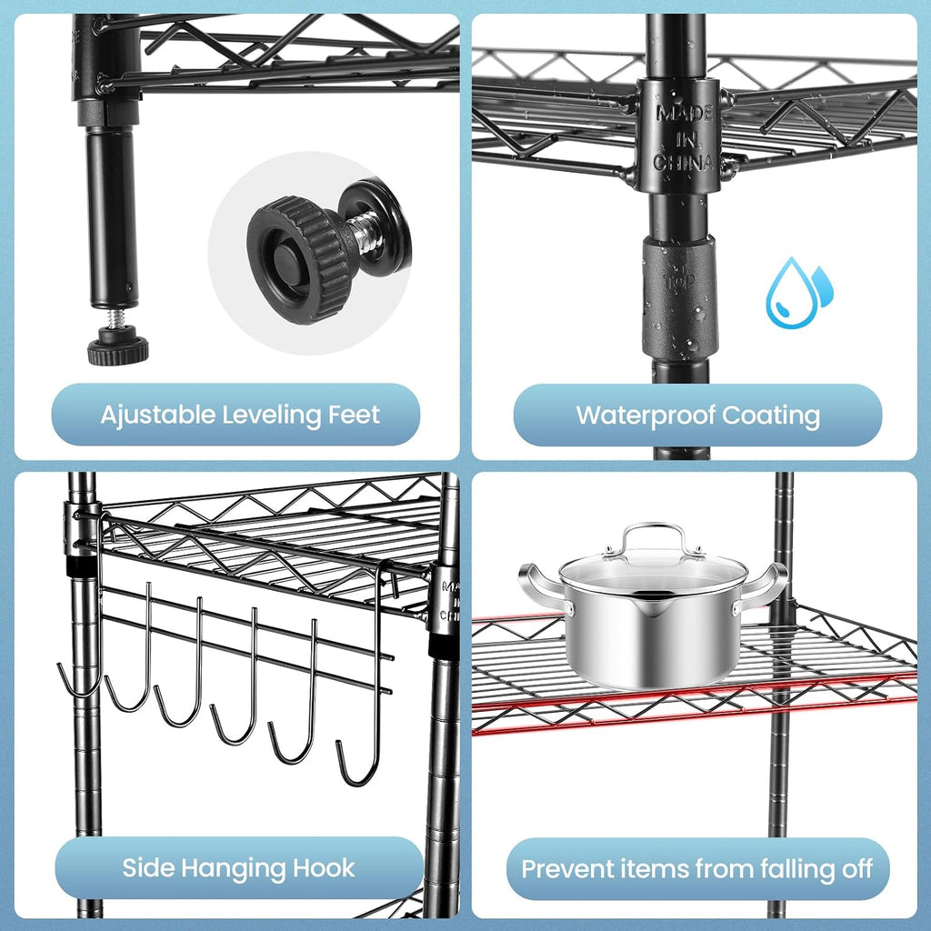 Himimi 6 Tier Storage Shelf Wire Shelving Unit Adjustable Rack Free Standing Organization with Leveling Feet, Stainless Side Hooks for Laundry Bathroom Kitchen Pantry Closet,2-Pack Shelves,Black
