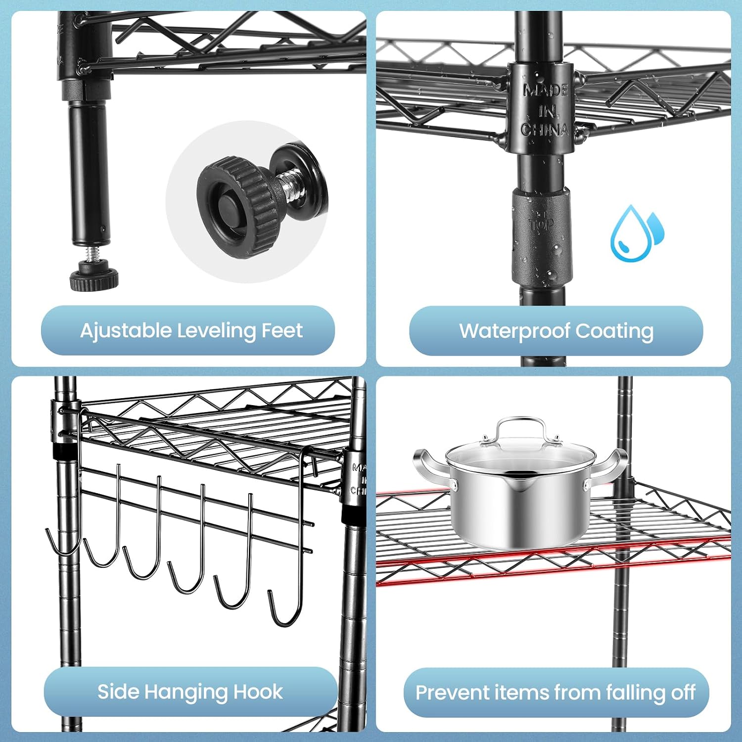 Himimi 6 Tier Storage Shelf Wire Shelving Unit Adjustable Rack Free Standing Organization with Leveling Feet, Stainless Side Hooks for Laundry Bathroom Kitchen Pantry Closet,2-Pack Shelves,Black