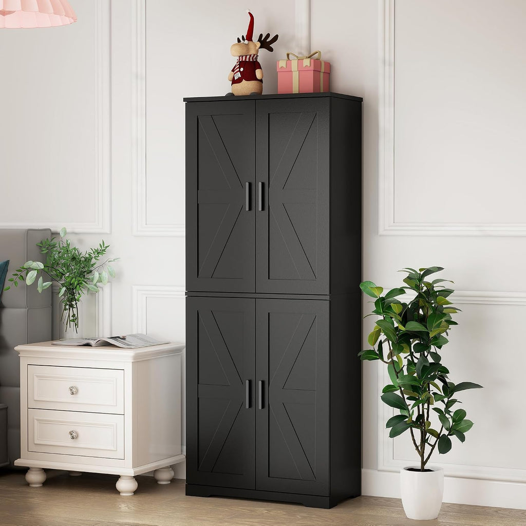 Farmhouse Storage Cabinet with 4 Door, Kitchen Pantry Storage with 4 Adjustable Shelves Wooden Cupboard for Kitchen, Dining Room, Living Room, Bathroom (Black)