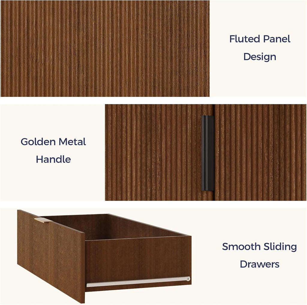 Tall Storage Cabinet, Kitchen Pantry Cabinet with Adjustable Shelves & Fluted Panel Design, Wood Cupboard with 3 Drawers 2 Doors, Tall Home Cupboard for Living Room, Kitchen, Walnut
