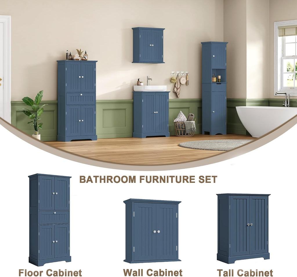 ChooChoo 51' H Tall Bathroom Floor Cabinet, Modern Bathroom Storage Cabinet with Drawer and Adjustable Shelves, Freestanding Kitchen Pantry Cupboard with 4 Doors for Living Room, Blue
