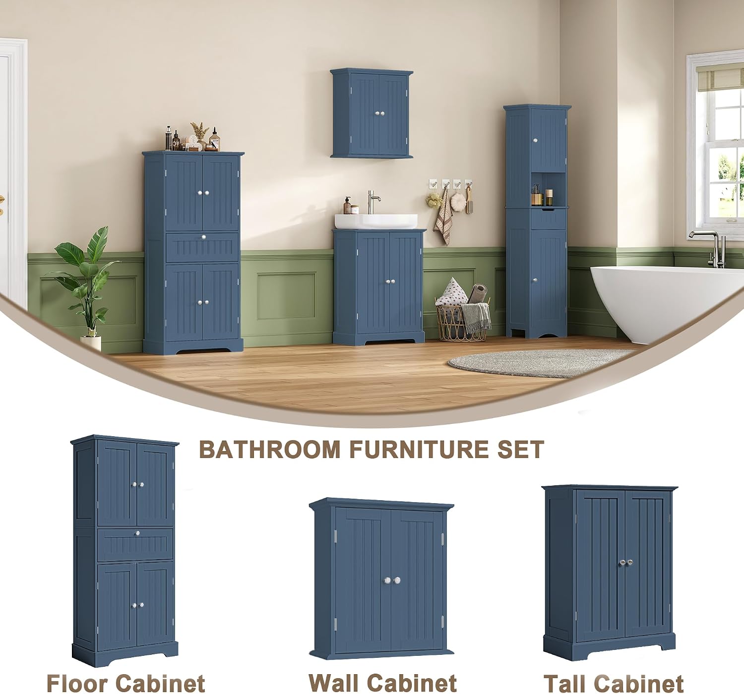 ChooChoo 51' H Tall Bathroom Floor Cabinet, Modern Bathroom Storage Cabinet with Drawer and Adjustable Shelves, Freestanding Kitchen Pantry Cupboard with 4 Doors for Living Room, Blue