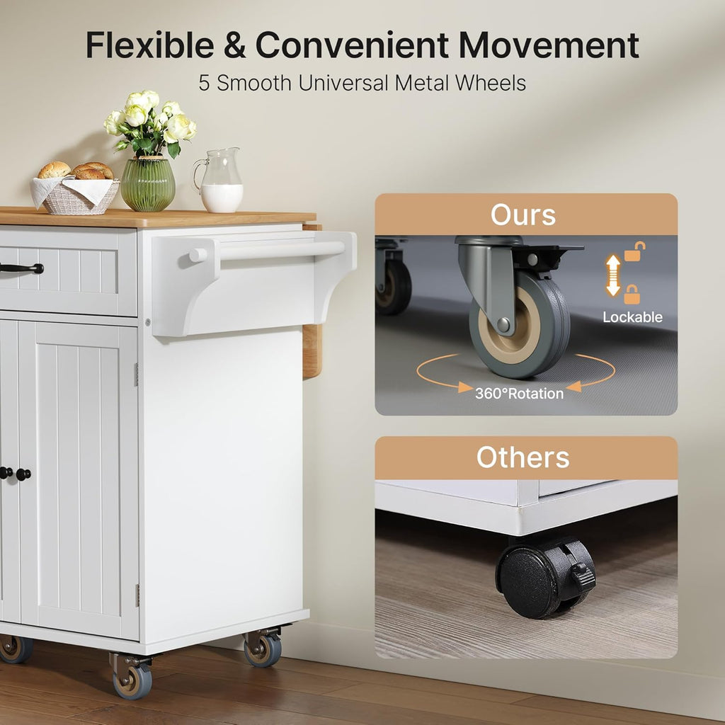 Ahomly Kitchen Island with Storage, 44.49' Kitchen Island with Trash Can Storage, Drop Leaf Rubberwood Top, Knife Holder, Adjustable Shelf, Towel Bar, Drawer, Spice Rack, White