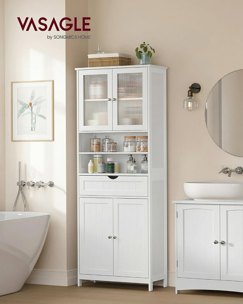 VASAGLE Storage Cabinet, Freestanding Storage Unit with Adjustable Shelves, Drawer, Open Compartments, for Bathroom, Living Room, Kitchen, Cloud White UBBC768WH01S
