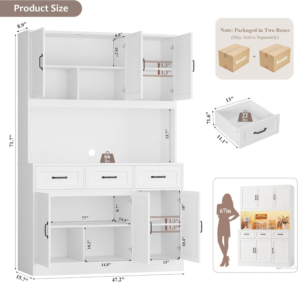 HOSTACK 72' Tall Kitchen Pantry Cabinet with Charging Station | LED Lights, 47' W Kitchen Pantry Storage Cabinet with Countertop, Modern Kitchens Hutch Cabinets with Storage for Dining Room, White