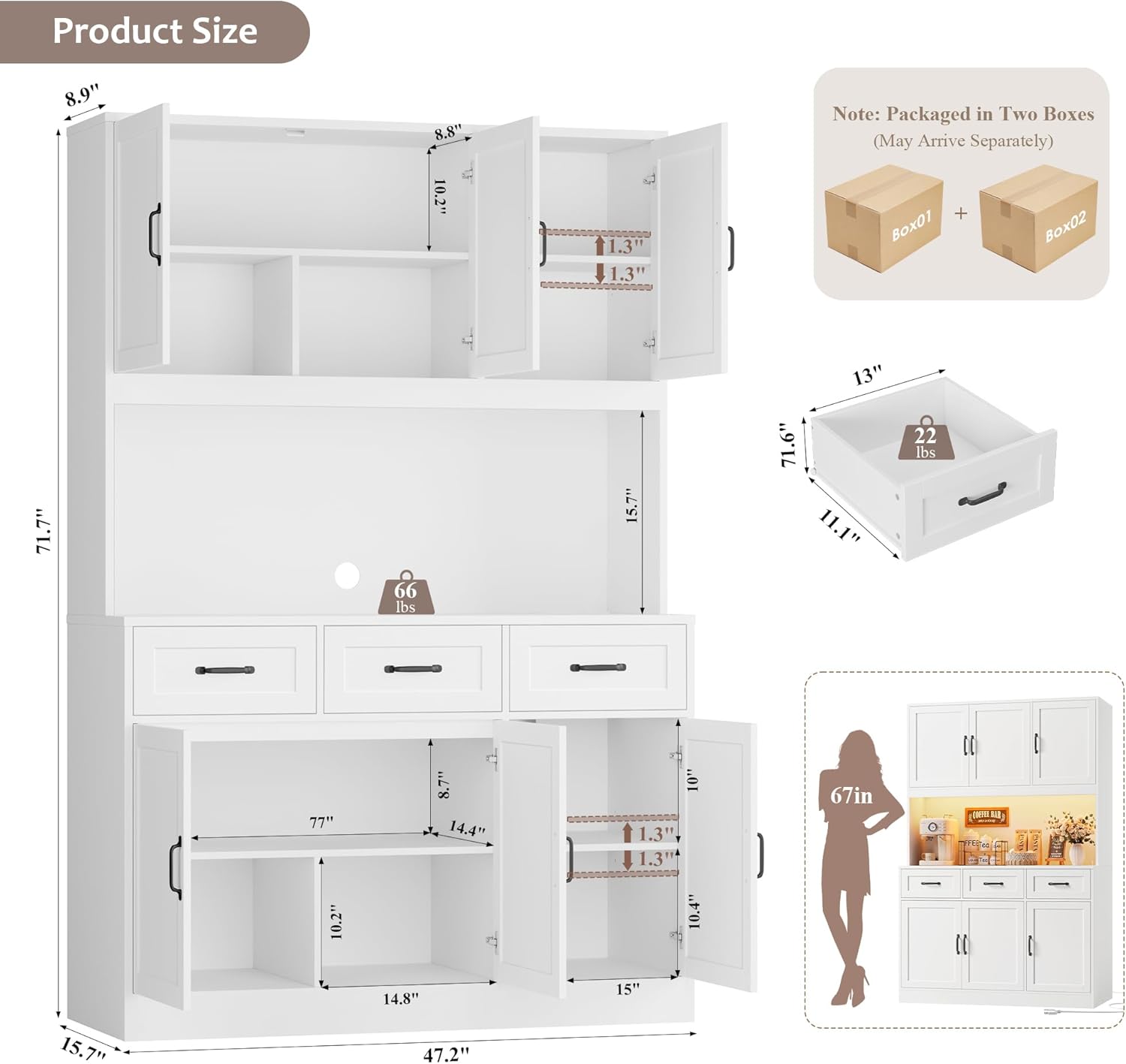 HOSTACK 72' Tall Kitchen Pantry Cabinet with Charging Station | LED Lights, 47' W Kitchen Pantry Storage Cabinet with Countertop, Modern Kitchens Hutch Cabinets with Storage for Dining Room, White