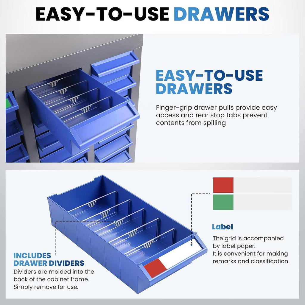 100 Drawers Parts Cabinet, Stainless Steel Nut and Bolt Storage Cabinet, 46' H x 26' D x 9' W Small Parts Organizer with Labels and Shelves for Garages Basements Warehouse(100 Drawers)