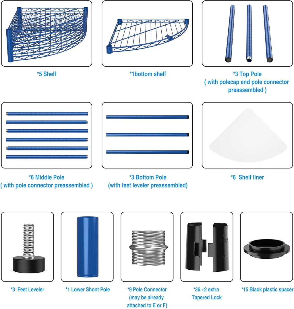 6 Tier NSF Corner Wire Shelf Shelving Unit, 18 x 18 x 72 Inch 420lbs Capacity Heavy Duty Adjustable Metal Storage Rack with Leveling Feet & Shelf Liners for Office Kitchen Bathroom and More - Blue