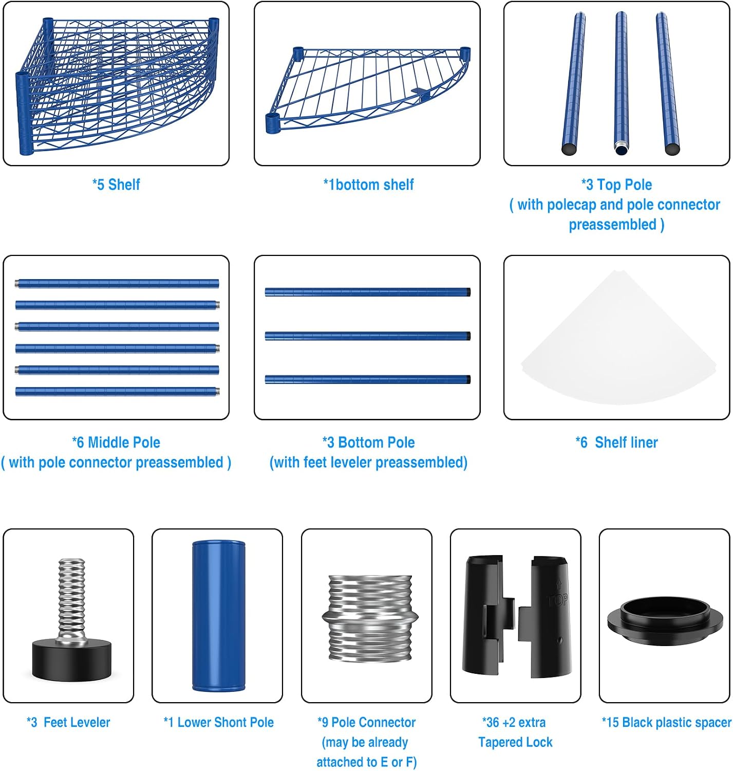 6 Tier NSF Corner Wire Shelf Shelving Unit, 18 x 18 x 72 Inch 420lbs Capacity Heavy Duty Adjustable Metal Storage Rack with Leveling Feet & Shelf Liners for Office Kitchen Bathroom and More - Blue