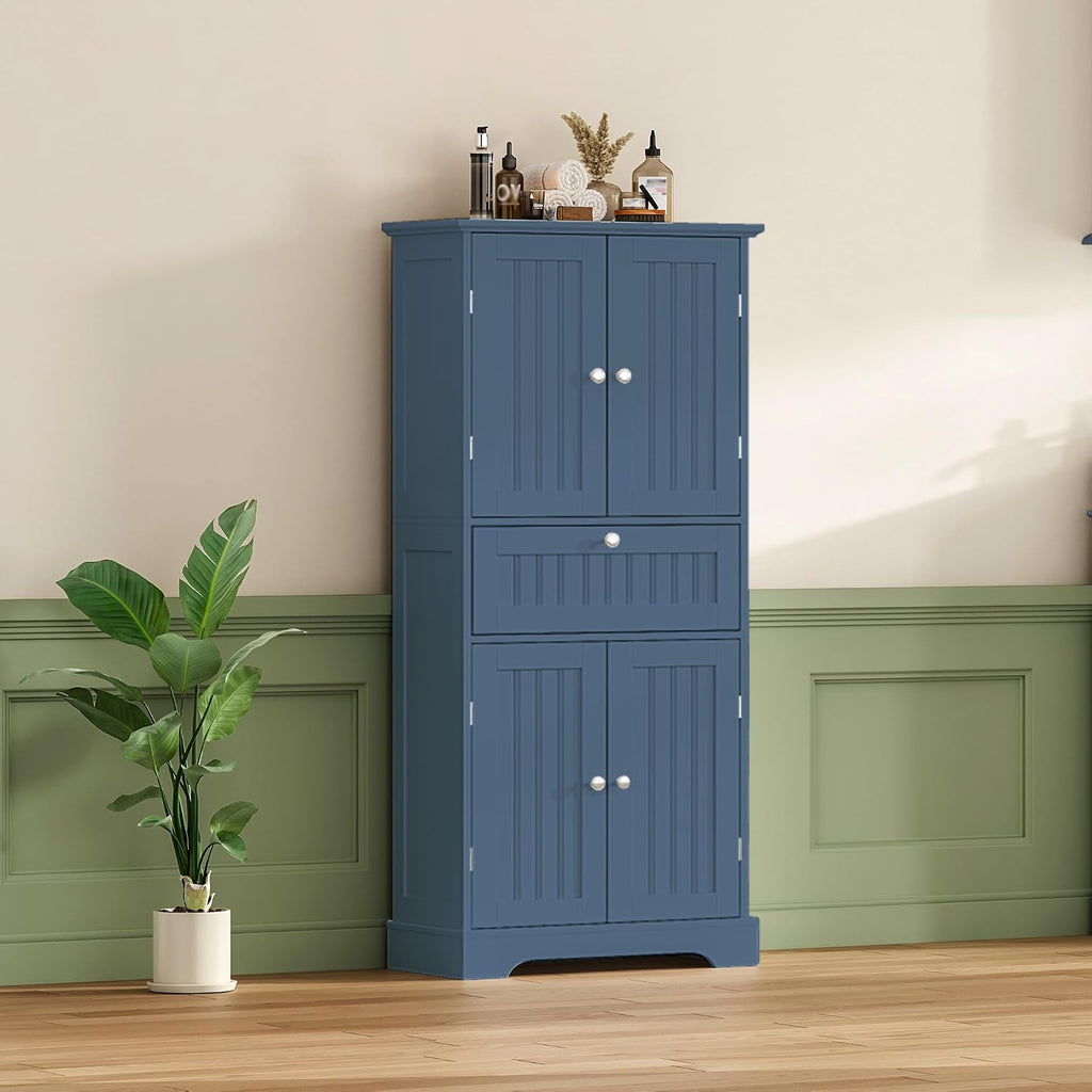 ChooChoo 51' H Tall Bathroom Floor Cabinet, Modern Bathroom Storage Cabinet with Drawer and Adjustable Shelves, Freestanding Kitchen Pantry Cupboard with 4 Doors for Living Room, Blue
