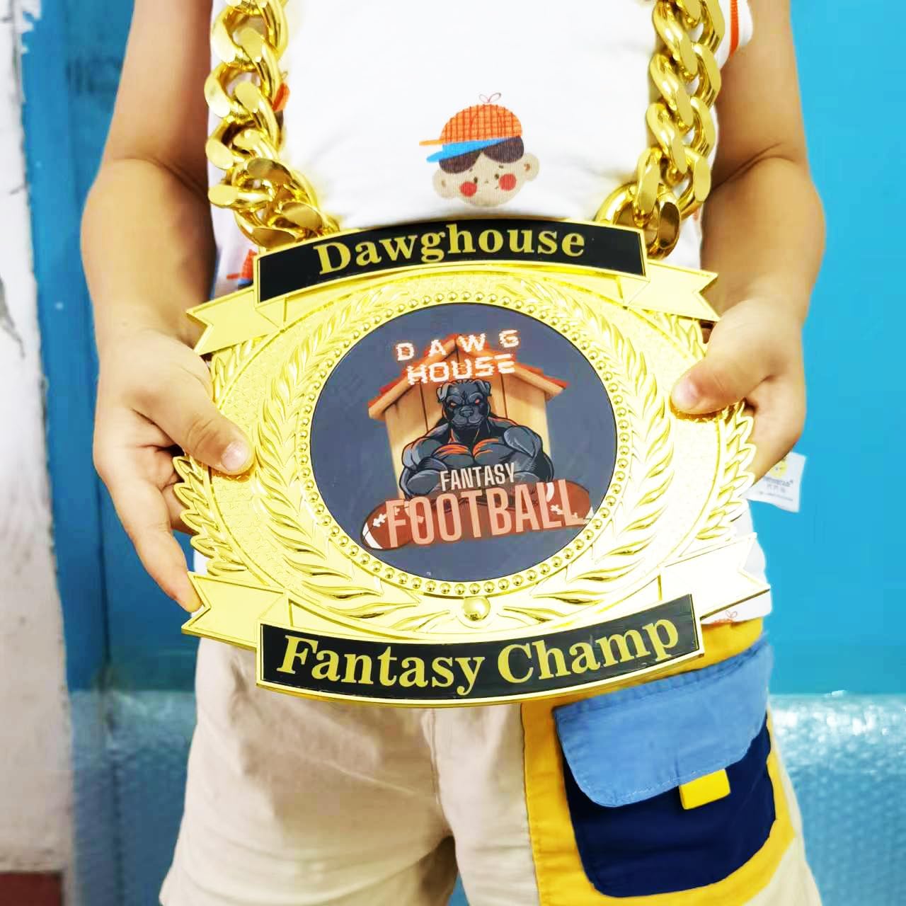 Championship Belt, Custom Giant MVP Champion Chain Medal, Champ Award Winner Prize Trophy Necklace For Adult Team Football Soccer Baseball Basketball Fantasy Football Chain (custom gold medal)