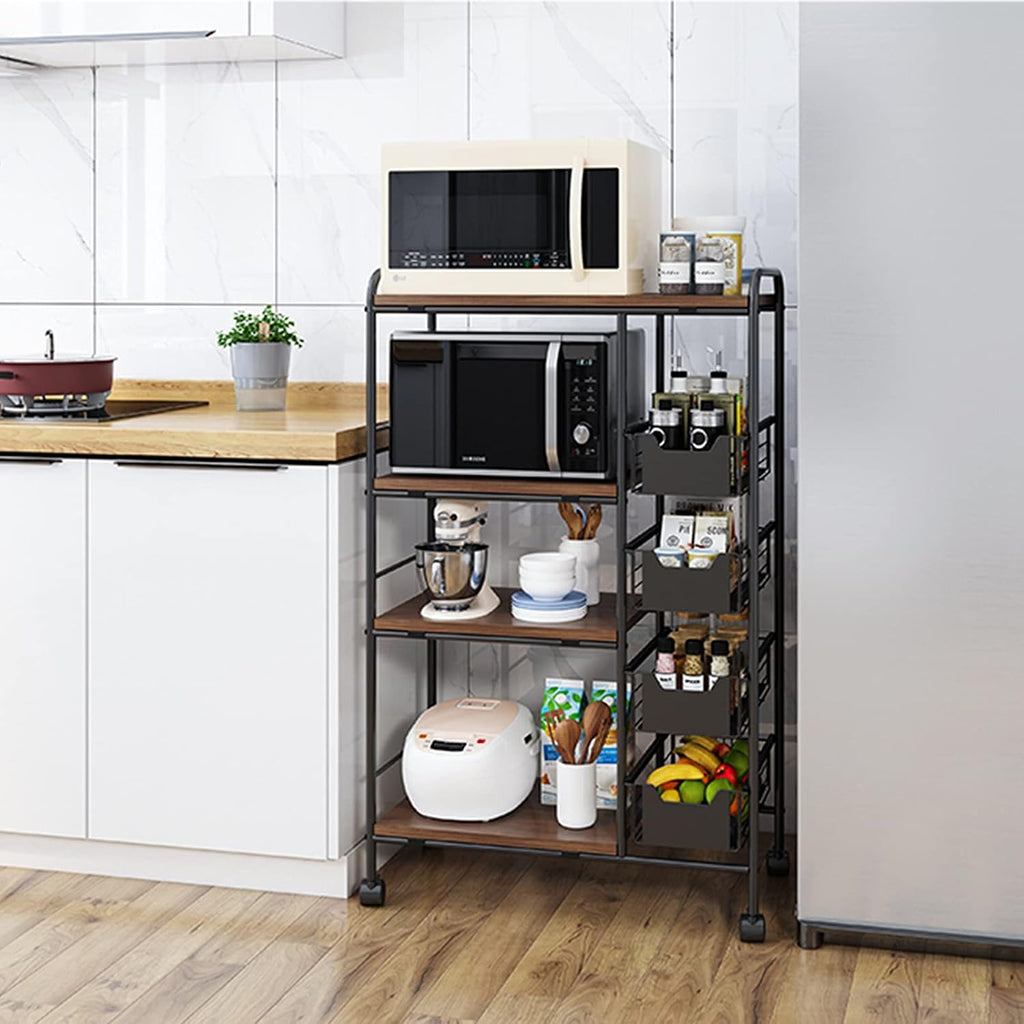 OUKANING 4-Tier Kitchen Baker's Rack Rolling Cart Trolley with Wheels and Baskets Utility Microwave Oven Stand for Kitchenware Tableware Spices Food Fruits and Vegetables (27.9x13.7x45.2in)