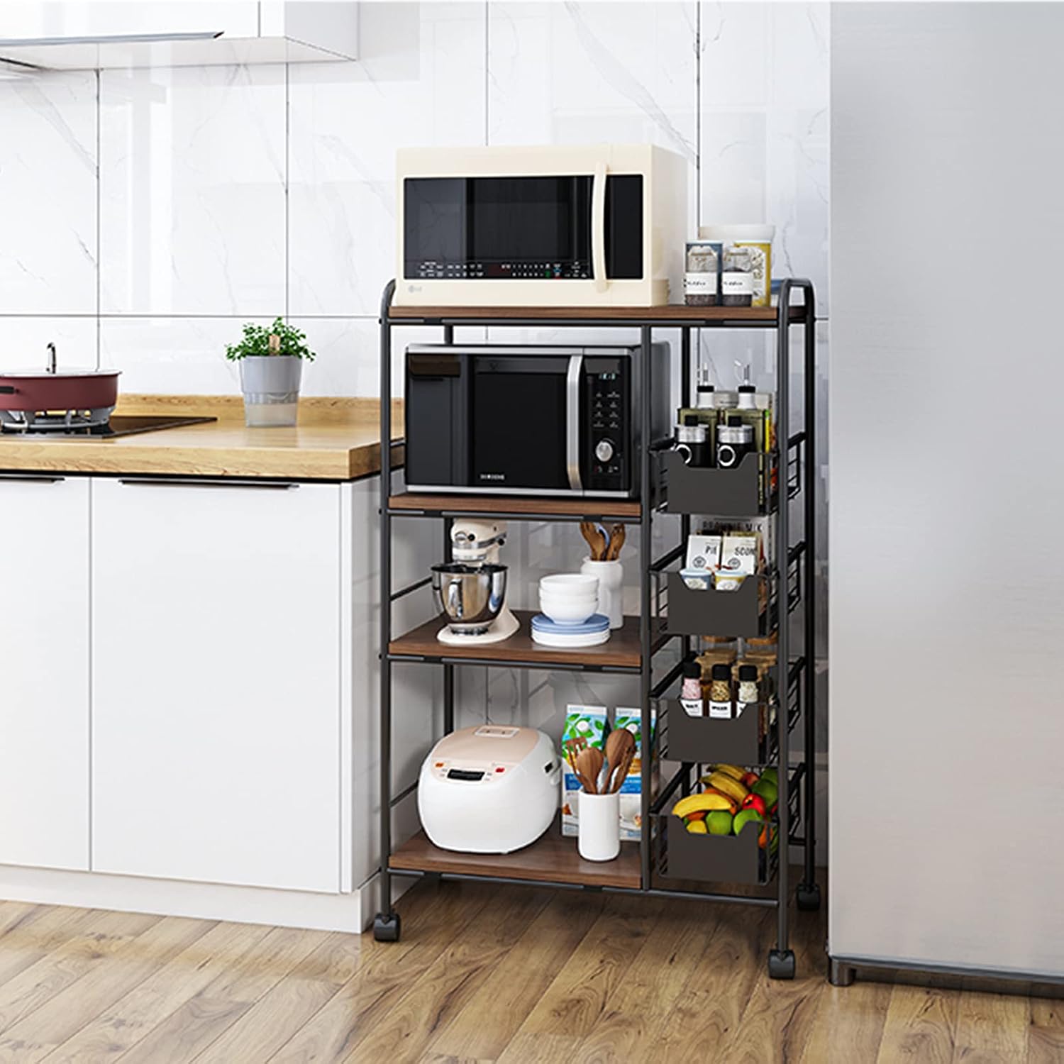 OUKANING 4-Tier Kitchen Baker's Rack Rolling Cart Trolley with Wheels and Baskets Utility Microwave Oven Stand for Kitchenware Tableware Spices Food Fruits and Vegetables (27.9x13.7x45.2in)