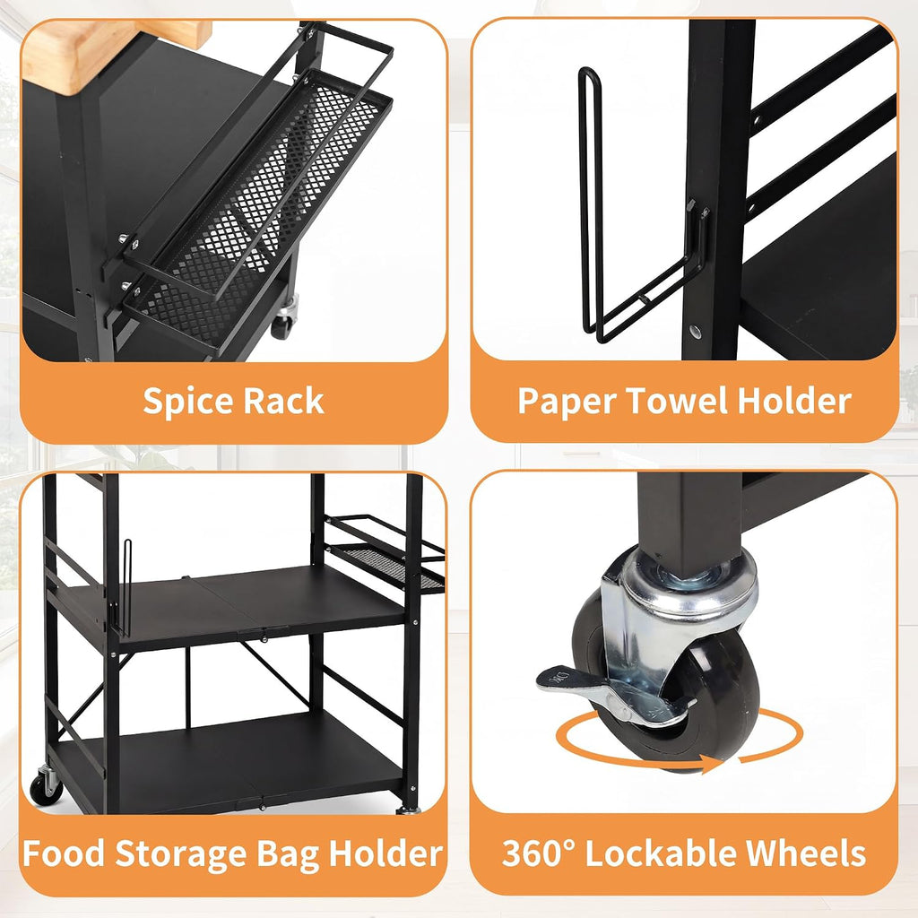 PLKOW Foldable Kitchen Cart with Solild Oak Wood Top, Rolling Kitchen Island on Wheels, 3-Tier Storage Utility Cart for Microwave, Toaster Oven, Small Spaces