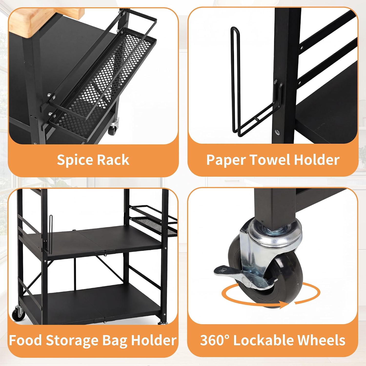 PLKOW Foldable Kitchen Cart with Solild Oak Wood Top, Rolling Kitchen Island on Wheels, 3-Tier Storage Utility Cart for Microwave, Toaster Oven, Small Spaces