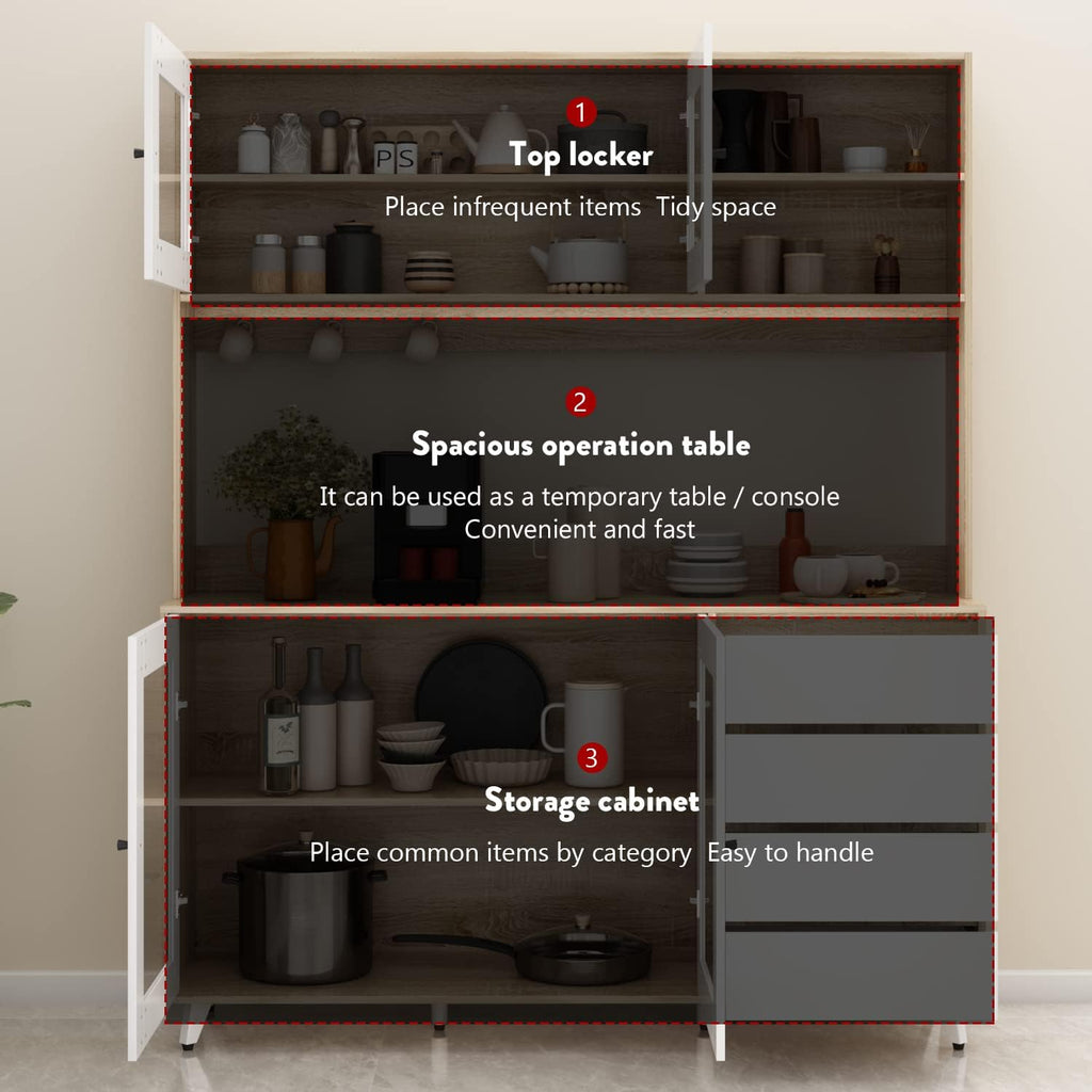 FUFU&GAGA 74.8' Tall Kitchen Pantry Cabinet with 4 Drawers, 4 Doors & Microwave Stand, Freestanding Hutch Cabinet with Buffet Cupboard for Kitchen, Dinningroom (Oak/White)