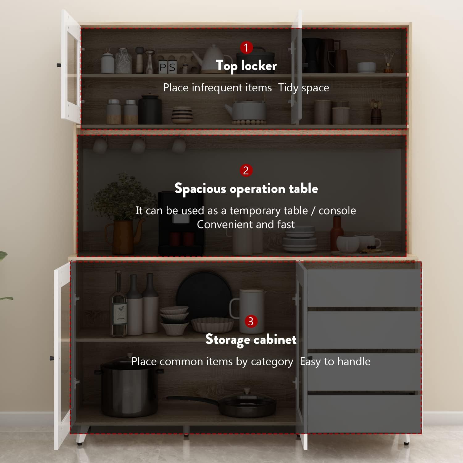 FUFU&GAGA 74.8' Tall Kitchen Pantry Cabinet with 4 Drawers, 4 Doors & Microwave Stand, Freestanding Hutch Cabinet with Buffet Cupboard for Kitchen, Dinningroom (Oak/White)