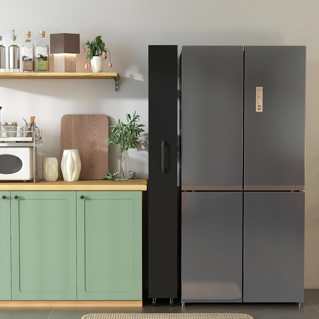 71' Mobile Rolling Design Freestanding Storage Cabinet, Kitchen Storage Bakers Rack with 7-Tier Open Shelves, Utility Food Cupboard with Narrow Space Fit for Kitchen Living Room, Black