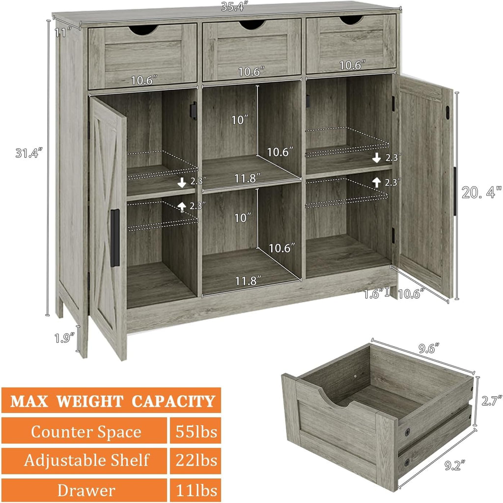 Viaozutis Storage Cabinet, Coffee Bar Cabinet with 2 Adjustable Shelves, 3 Drawers, and 2 Doors, for Bathroom, Kitchen, Living Room (Gray)