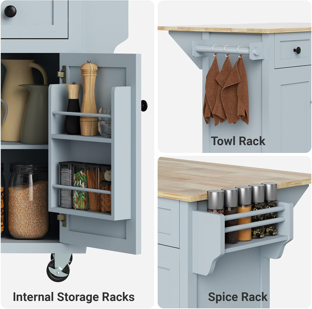 Rovibek Kitchen Island with Drawers 53 in Rolling Island Cart Mobile Portable Islands on Wheels Solid Wood Island with Storage Cabinet & Drawers, Blue