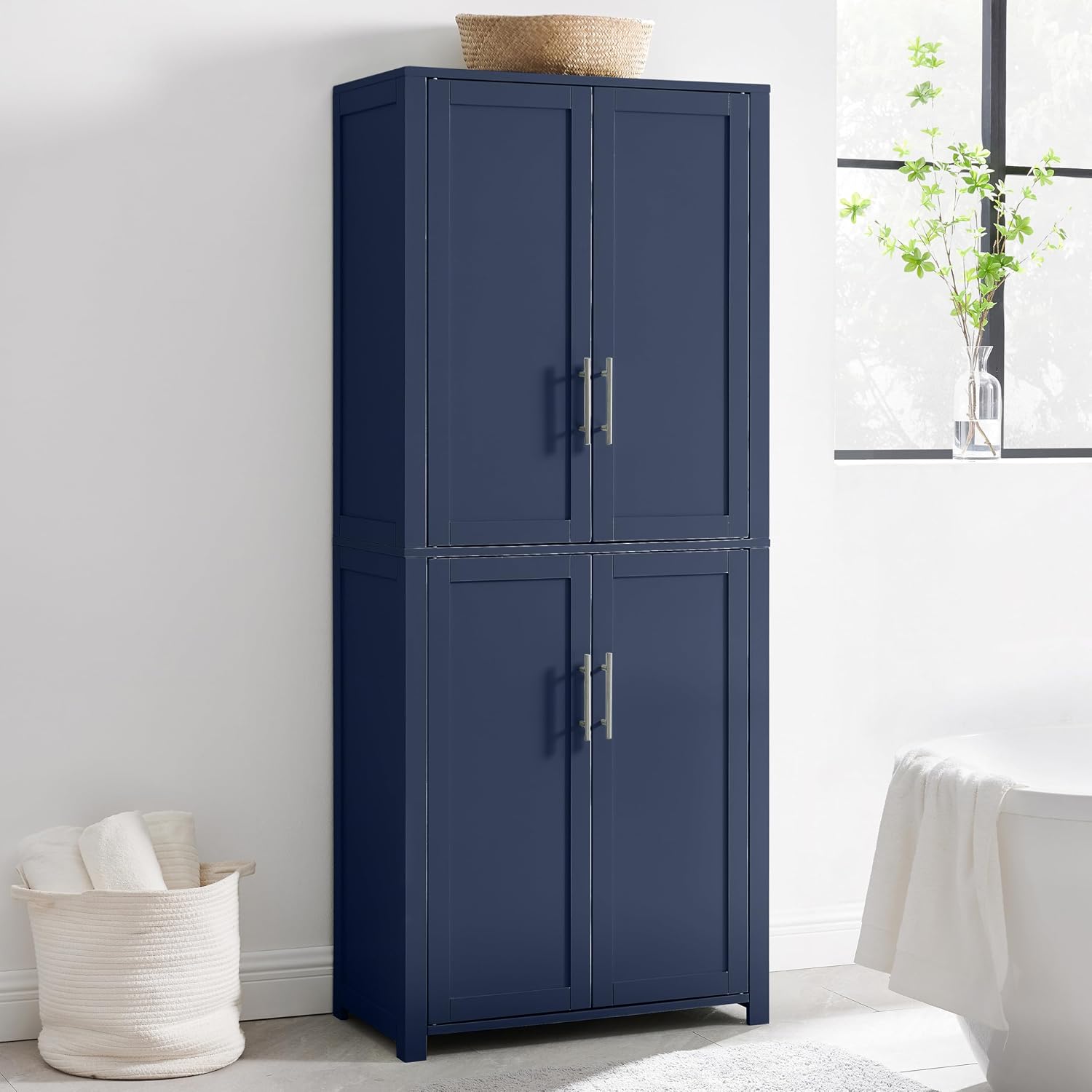 Crosley Furniture Savannah Tall Pantry Storage Cabinet with Shelves, Kitchen, Dining, or Laundry Room, Navy