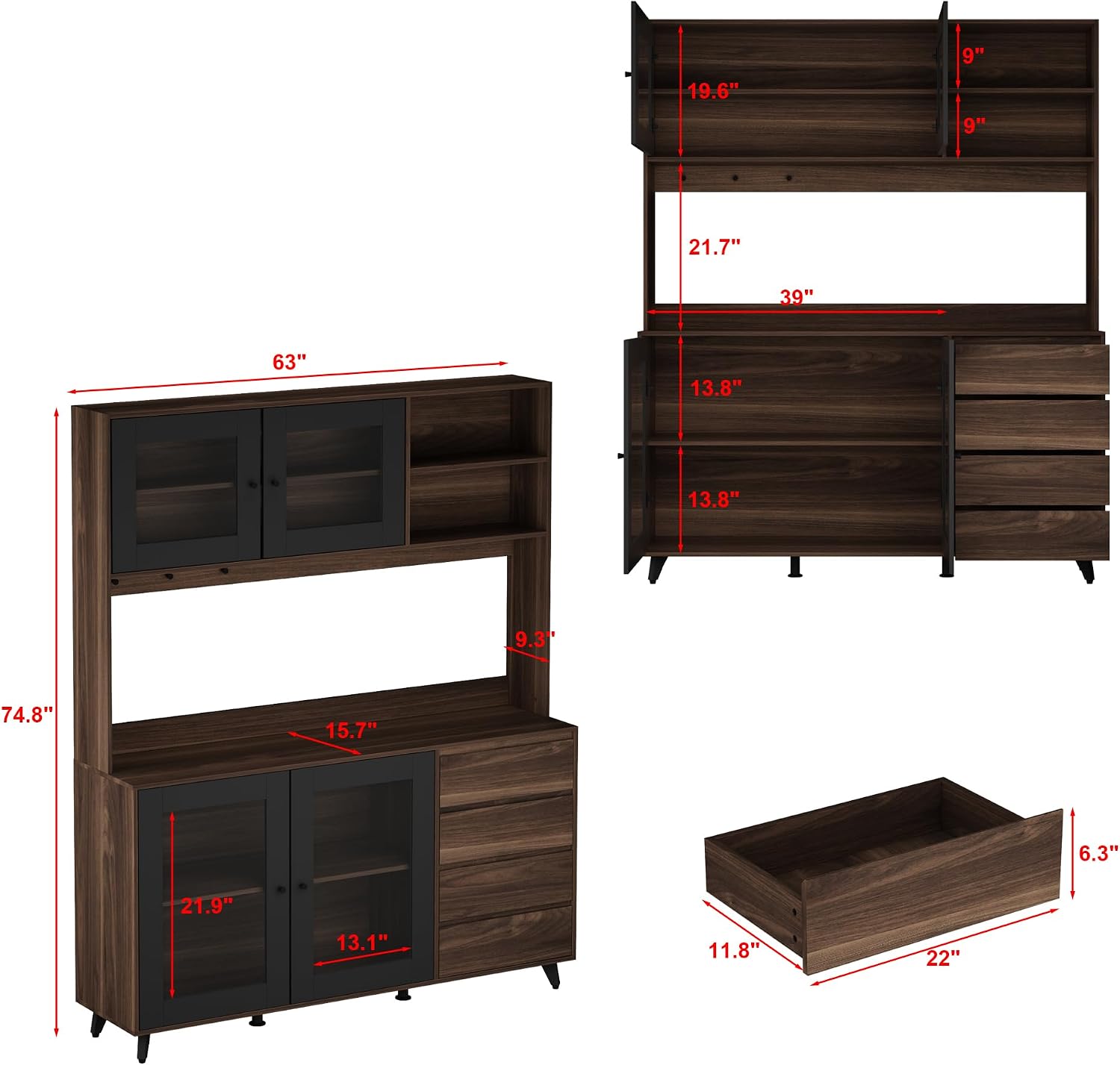 FUFU&GAGA 74.8' Tall Kitchen Pantry Cabinet with 4 Drawers, 4 Doors & Microwave Stand, Freestanding Hutch Cabinet with Buffet Cupboard for Kitchen, Dinningroom, Black and Brown