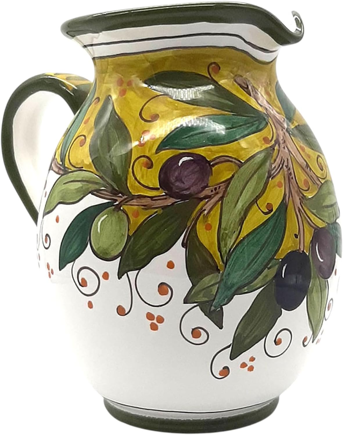 Italian Ceramic Pitcher Olive Green - 33 oz Hand Painted Utensil Holder Or Carafe Design for Kitchen - Made in ITALY Tuscany - Italian Pottery Vase Jar for Wine - Home Decor Ceramics Dispenser