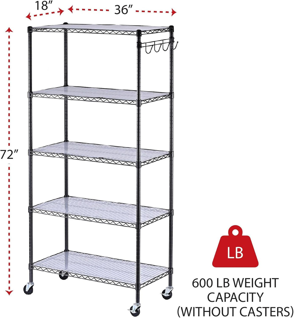 Alera 5-Shelf Wire Shelving Kit with Casters and Shelf Liners, 36w X 18d X 72h, Black Anthracite