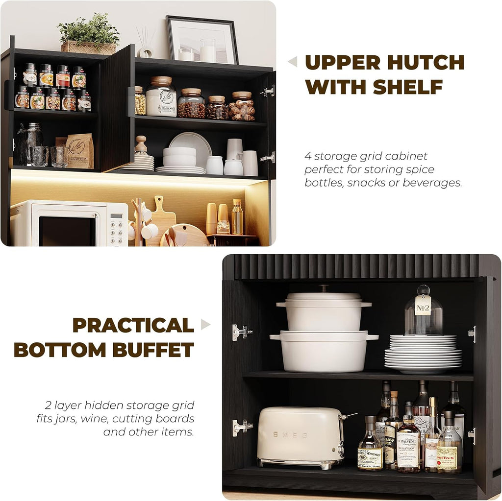 69' Kitchen Pantry with Fridge (Fridge Included), Fluted Coffee Bar Cabinet with LED Lights & Outlets, Tall Wine Bar Cabinet with Drawer & Storage Hutch for Living Room, Dining Room, Black