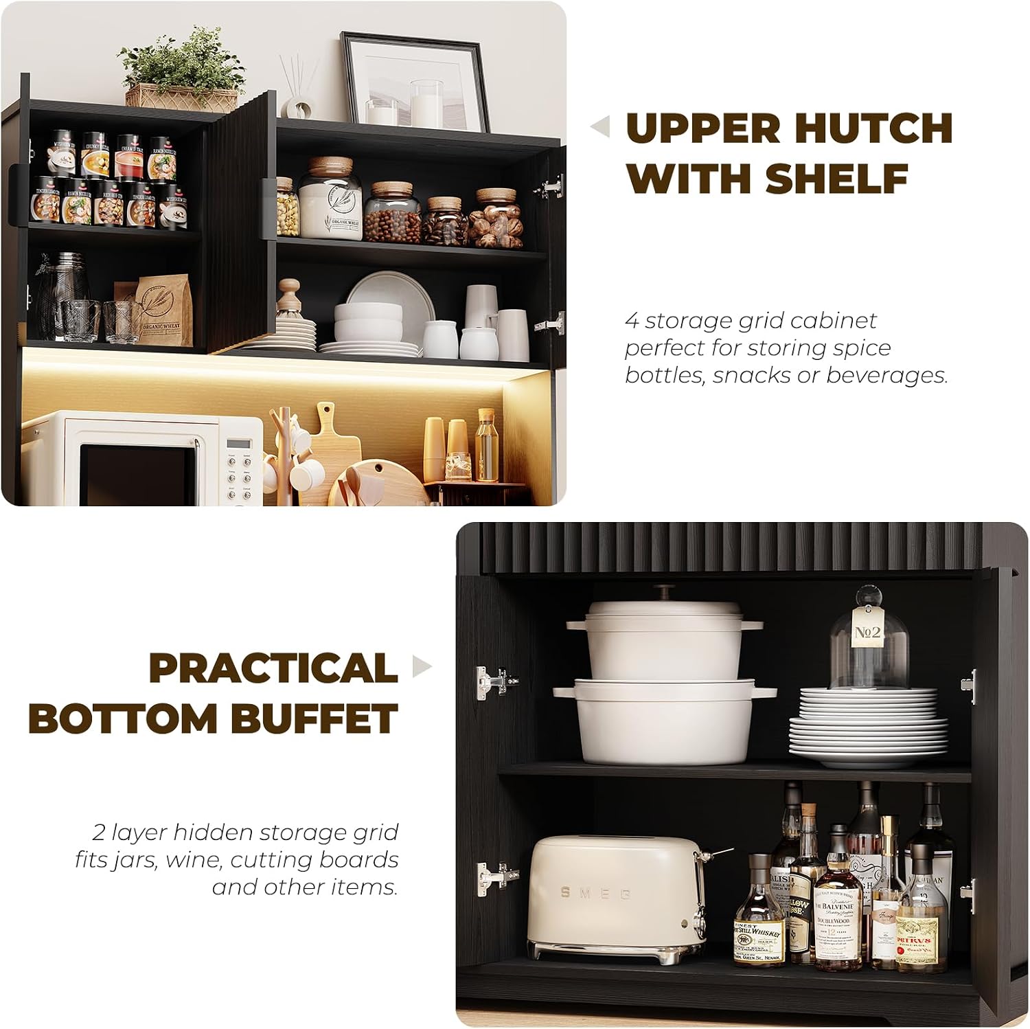 69' Kitchen Pantry with Fridge (Fridge Included), Fluted Coffee Bar Cabinet with LED Lights & Outlets, Tall Wine Bar Cabinet with Drawer & Storage Hutch for Living Room, Dining Room, Black