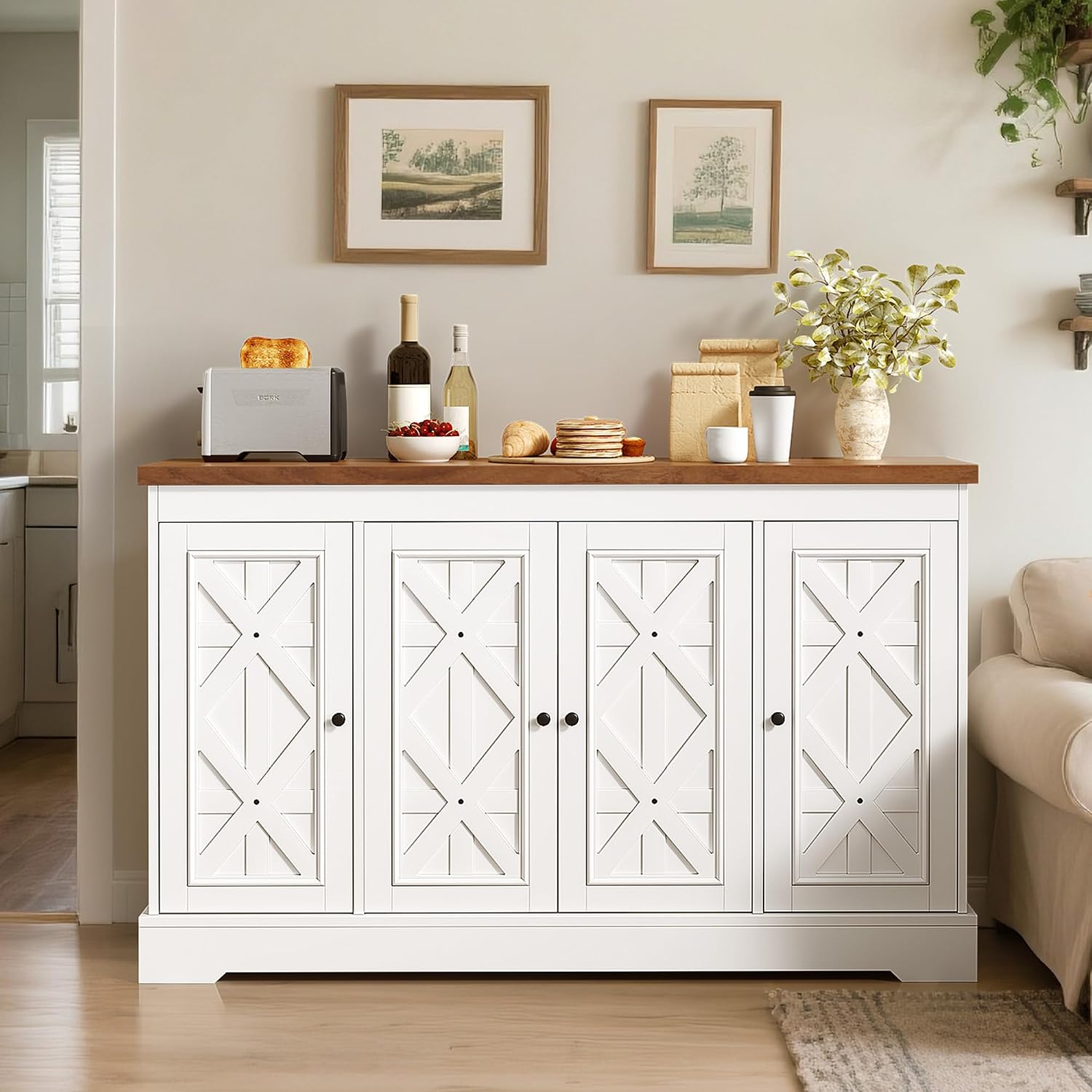 YITAHOME Sideboard Buffet Cabinet with Storage, 59' Buffet Storage with 4 Doors, Modern Farmhouse Coffee Bar Station Wood Kitchen Table with Adjustable Shelves for Kitchen, Living Room (White)