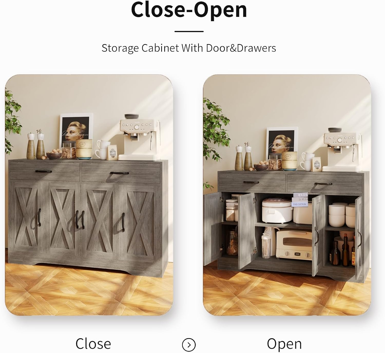 Sideboard Cabinet with Drawers, 47' W Sideboard Buffet Storage Cabinet with Storage for Kitchen, Farmhouse Coffee Bar Cabinets with Shlves and Doors for Hallway, Gray