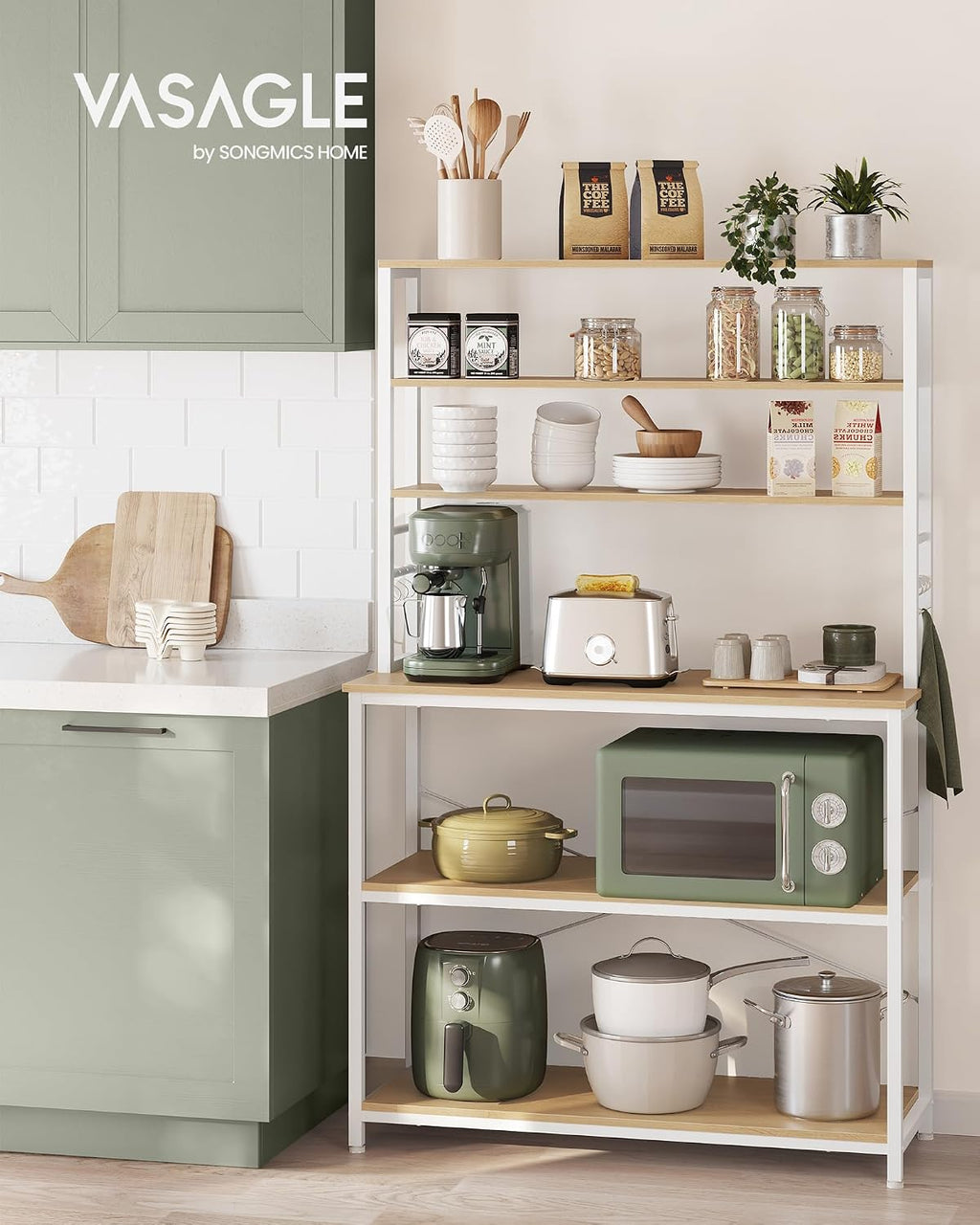 VASAGLE Coffee Bar, 39.4 Inches Baker's Rack for Kitchen with Storage, 6-Tier Kitchen Shelves with 6 Hooks, Microwave Stand, Modern, Golden Oak and Cloud White UKKS039Y09