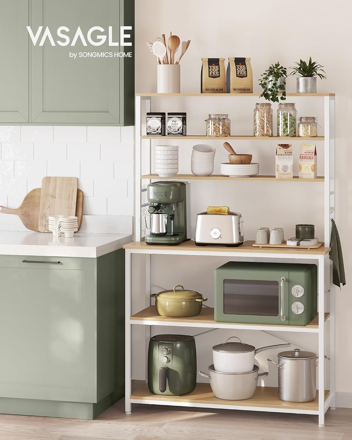 VASAGLE Coffee Bar, 39.4 Inches Baker's Rack for Kitchen with Storage, 6-Tier Kitchen Shelves with 6 Hooks, Microwave Stand, Modern, Golden Oak and Cloud White UKKS039Y09