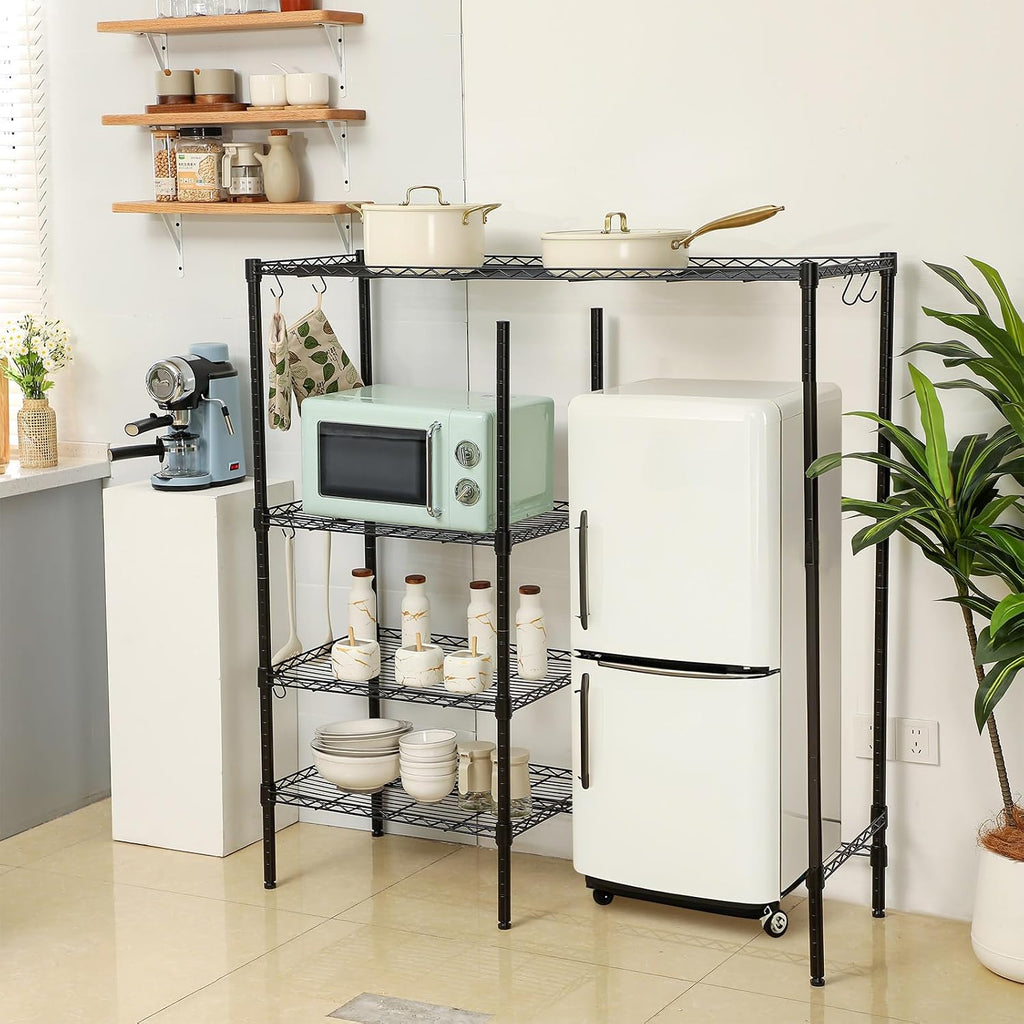 Huwena Mini Fridge Stand with Storage Shelf for Dorm 4 Tier Mini Microwave Stand Baker Rack Adjustable Height Over Fridge Storage Organizer with Hook for College Dorm Kitchen Office Coffee Bar(Black)