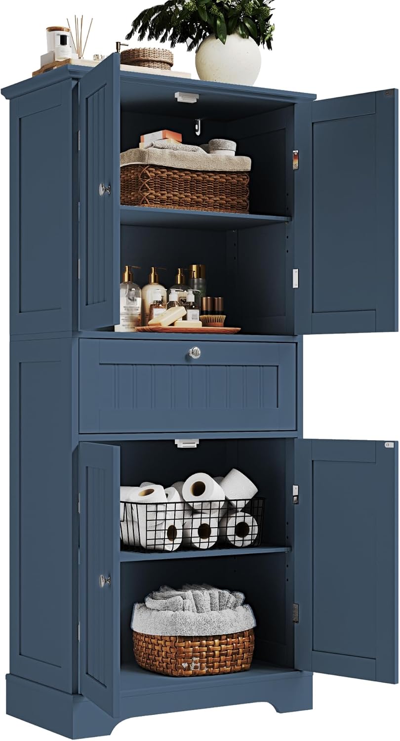 ChooChoo 51' H Tall Bathroom Floor Cabinet, Modern Bathroom Storage Cabinet with Drawer and Adjustable Shelves, Freestanding Kitchen Pantry Cupboard with 4 Doors for Living Room, Blue