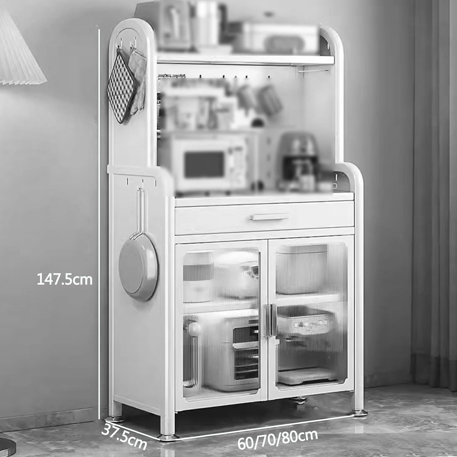 Kitchen Storage Rack for Cabinet Bakers Rack with Storage Cabinet Doors with Adjustable Foot Pads, for Kitchen, Dining Room, Living Room(Black,60 * 37.5 * 147.4cm)