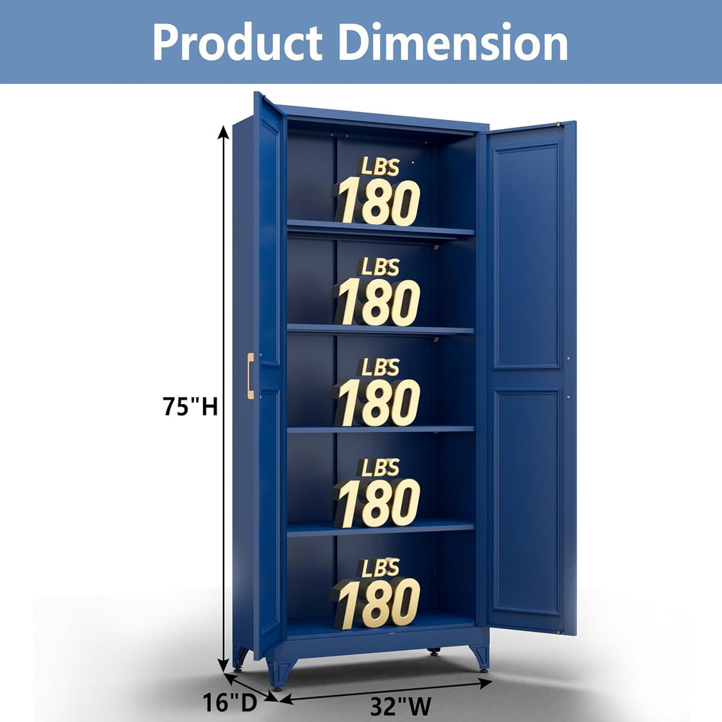 Polup Metal Storage Cabinet,75' Tall Kitchen Pantry Storage Cabinet with Doors and Adjustable Shelves, Blue Metal Pantry Cabinets, Large Cupboard for Kitchen, Dining Living Room, Bathroom, Office