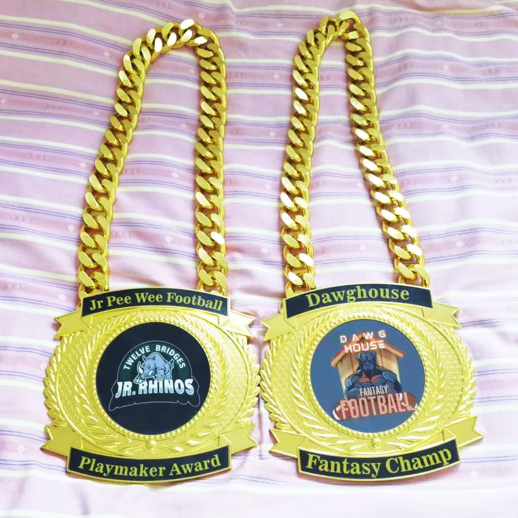 Championship Belt, Custom Giant MVP Champion Chain Medal, Champ Award Winner Prize Trophy Necklace For Adult Team Football Soccer Baseball Basketball Fantasy Football Chain (custom gold medal)