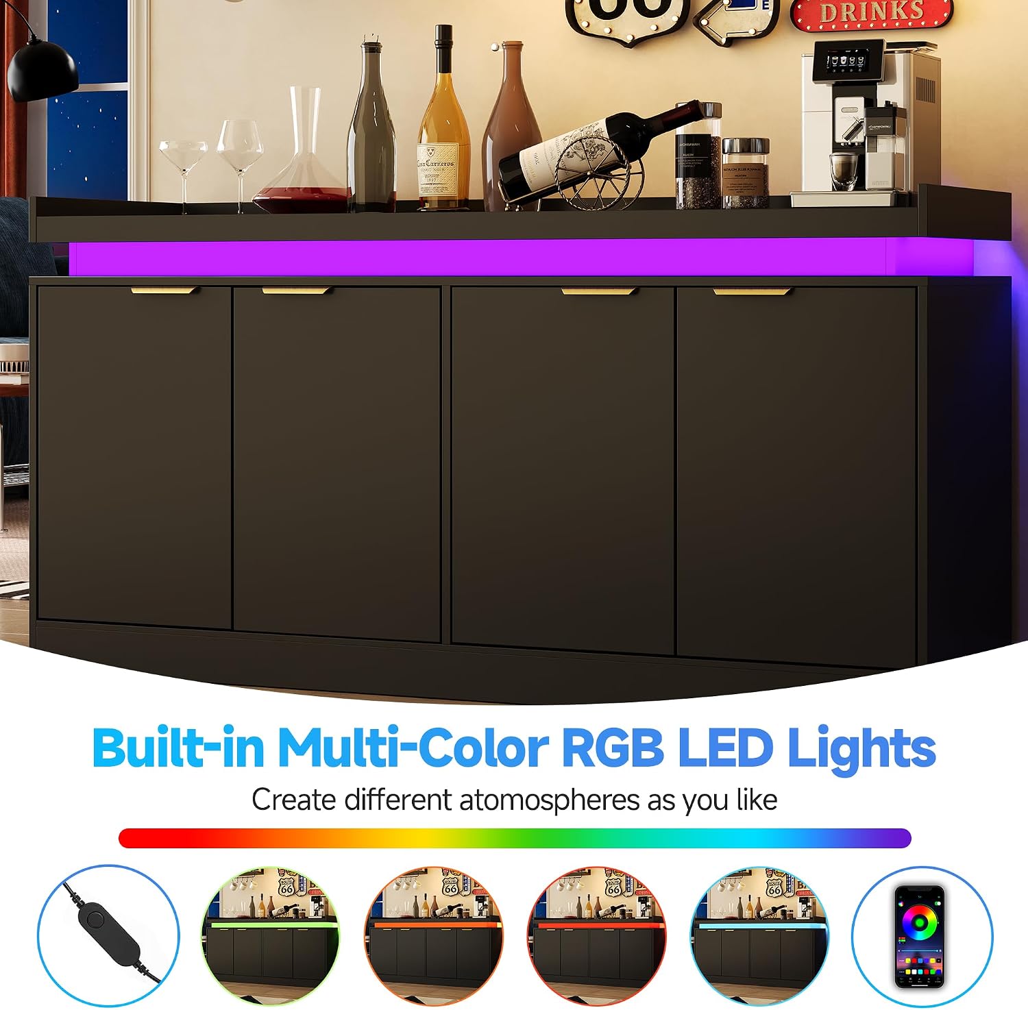 knoworld LED Sideboard Buffet Cabinet with Storage, 63'' Large Kitchen Buffet Cabinet Storage Cabinets with 4 Doors, Wood Coffee Bar Cabinets Buffet Table for Kitchen, Dining Room, Entryway